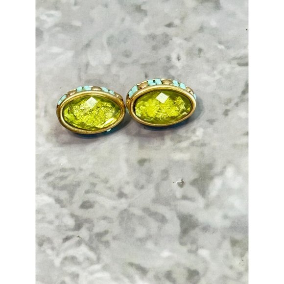 Vintage JJG Jonette Yellow Art Glass Blue Beaded Goldplate Clip On Earrings - Picture 2 of 6